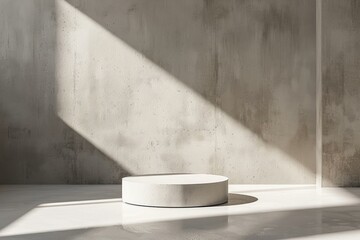 Poster - Empty white round pedestal illuminated by sunlight beams in room with concrete wall, perfect showcase for product presentation