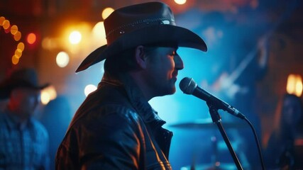 Poster - A man wearing a cowboy hat sings into a microphone, a close-up shot