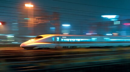 Aufkleber - A night view of a high-speed train with illuminated windows, creating light streaks as it moves.