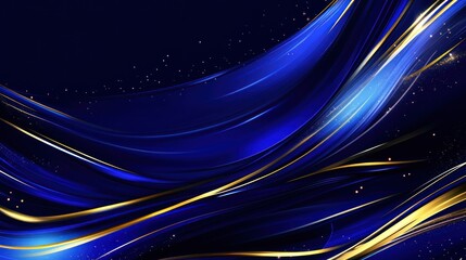 Poster - Abstract Dark Blue Background with Wavy Golden Lines and Sparkling Particles