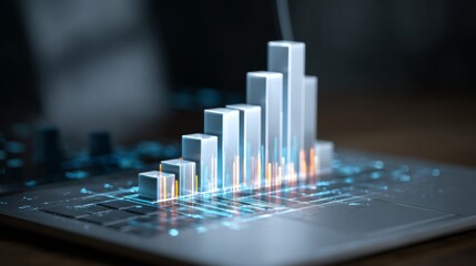 Poster - A realistic D bar chart emerging from a laptop screen, symbolizing data analysis and business intelligence