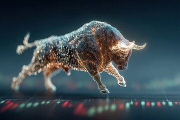 Poster - Dynamic digital art of a glowing bull represents stock market optimism