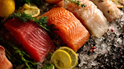 Aufkleber - A selection of raw fish fillets and seafood on a bed of ice at a fresh market, ready for cooking or grilling