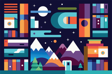Poster - Abstract geometric landscape composition featuring mountains trees moon and various colorful architectural elements.