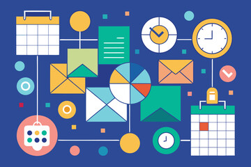 Poster - Abstract illustration of business planning and time management elements arranged on a blue background