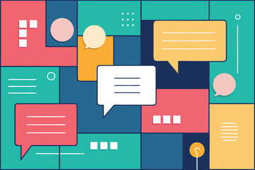 Poster - Abstract illustration of communication and dialogue with speech bubbles in a colorful geometric composition