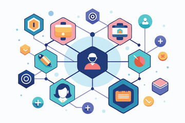 Poster - Colorful abstract network graphic with connected icons representing teamwork, data analysis, and communication on white.
