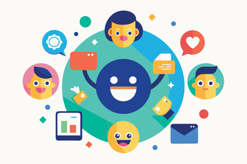 Poster - Colorful flat design illustration depicting customer service social media engagement and business communication