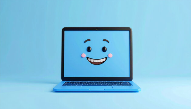 Happy emoticon displayed on a light blue laptop screen against a matching background.