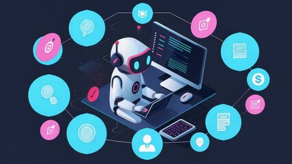 Leinwandbilder - A robot sitting in front of a computer screen with keyboard and mouse