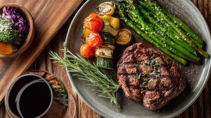 Aufkleber - A top-down view of a steak dinner with a side of grilled vegetables and a glass of wine