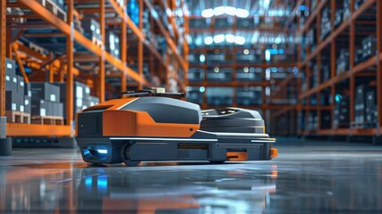 Poster - A robot moves through a large industrial warehouse with shelves and machinery