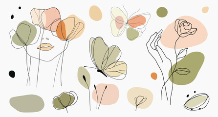 Poster - Abstract floral line art beauty, isolated vector set