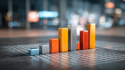 Poster - Close-up of a D bar chart with metallic finish bars, showing different heights and colors, on a softly blurred background, conveying a sense of modernity.