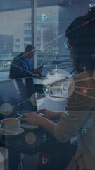 Poster - Animation of network of connections with icons over businesswoman using laptop