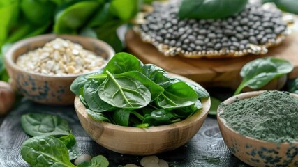 Poster - A wooden bowl filled with fresh spinach surrounded by various vegetables