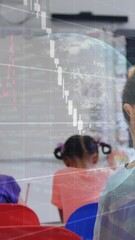 Poster - Animation of financial data processing over diverse schoolchildren in class