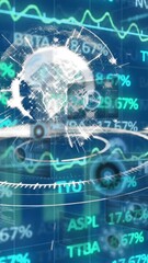 Poster - Animation of globe over round scanner and stock market data processing against blue background