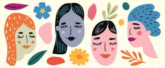 Poster - Colorful abstract illustration of four diverse female faces with floral elements, vector set