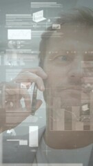 Poster - Animation of financial data processing over man using smartphone