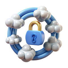 Poster - Cloud security shield with blue padlock protecting data golden lock surrounded by clouds security system 3d rendering icon