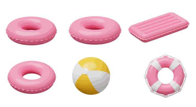 Collection of pink inflatable swimming rings, a beach ball, and a mattress float arranged on a white background
