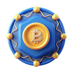 Poster - Golden bitcoin coin on blue hexagon 3d rendering icon land transportation isolated on white background representing cryptocurrency and blockchain technology