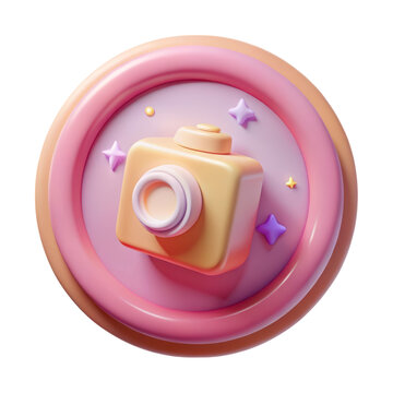 High quality 3d rendering icon of a camera land transportation isolated on white background,surrounded by stars,set on a pink circular platform,aesthetic and trendy