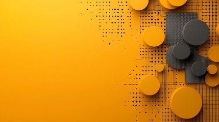 This image features a vibrant yellow background with abstract grey and yellow 3d circles and squares, ideal for websites or blogs about design, technology, or modern art.

