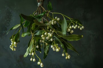 Poster - Freshly picked bouquet of green leaves and white berries hanging against a dark background, creating a simple yet elegant natural display