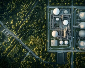 Poster - Aerial view of a modern industrial facility surrounded by lush greenery, showcasing large storage tanks and pipelines
