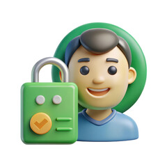 Poster - Smiling cartoon man next to green padlock high quality 3d rendering icon land transportation isolated on white background