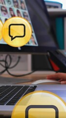 Poster - Animation of speech bubble, cropped hands of woman working on laptop and receiving phone