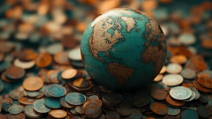 Poster - A globe sits atop a pile of coins, symbolizing wealth and exploration