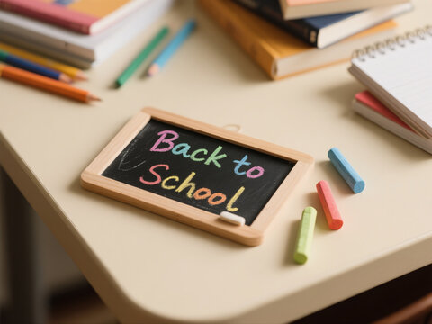 A small black school blackboard laying on beige background with the words 