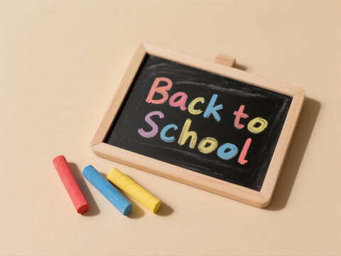 A small black school blackboard laying on beige background with the words 