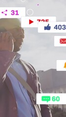 Poster - Animation of social media icons over african american man talking on smartphone on the street
