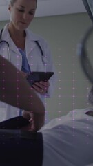 Poster - Animation of heart rate monitor over diverse female doctor talking to male patient at hospital