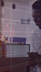 Poster - Animation of statistical data processing against diverse man and woman discussing at office
