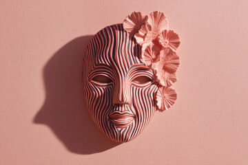 Aufkleber - Striped mask with floral decoration pink background surreal and artistic modern clay sculpture creative design emotional expression still motion concept unique texture contemporary art