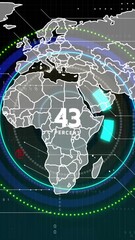 Poster - Animation of blue circular scanner tracking percent over grey world map on dark background