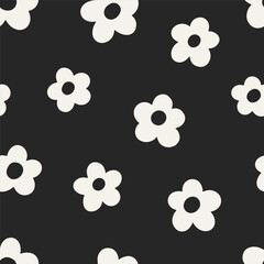 Wall Mural - floral pattern with daisies. seamless black and white design, cute simple wildflowers in groovy styl