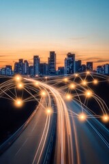 Poster - Futuristic Urban Landscape with Illuminated Roads and Advanced Technology Networks Connecting Cities