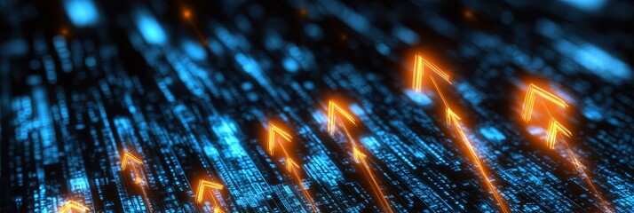Poster - Futuristic Digital Arrow Advancement Technology Progress with Glowing Lights and Upward Trends