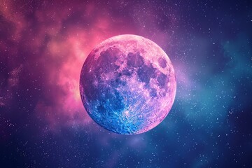 Poster - Majestic full moon glowing in vibrant pink and blue hues against a backdrop of starry night sky