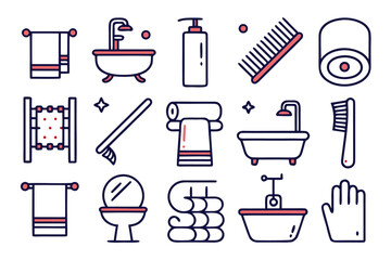 Poster - Collection of essential bathroom facility symbols presented with clean minimalist thin line art suitable for various design applications and user interfaces