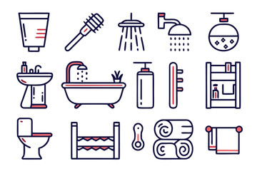 Poster - Collection of essential restroom symbols featuring a toilet and other amenities presented with a clean minimalist thin line aesthetic for modern design applications