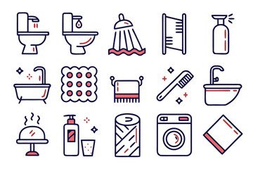 Poster - Collection of essential bathroom facility symbols featuring a clean minimalist thin line design for modern interior and architectural presentations