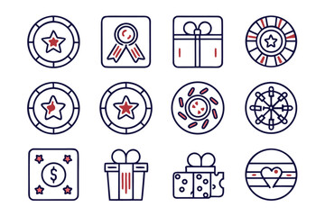 Poster - Collection of twelve distinct graphical elements representing bonuses benefits offers and rewards with customizable outlines and vibrant color schemes