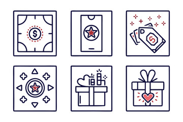 Poster - Collection of stylized icons representing bonus benefit offer and reward concepts with editable outlines and vibrant color palettes for diverse applications